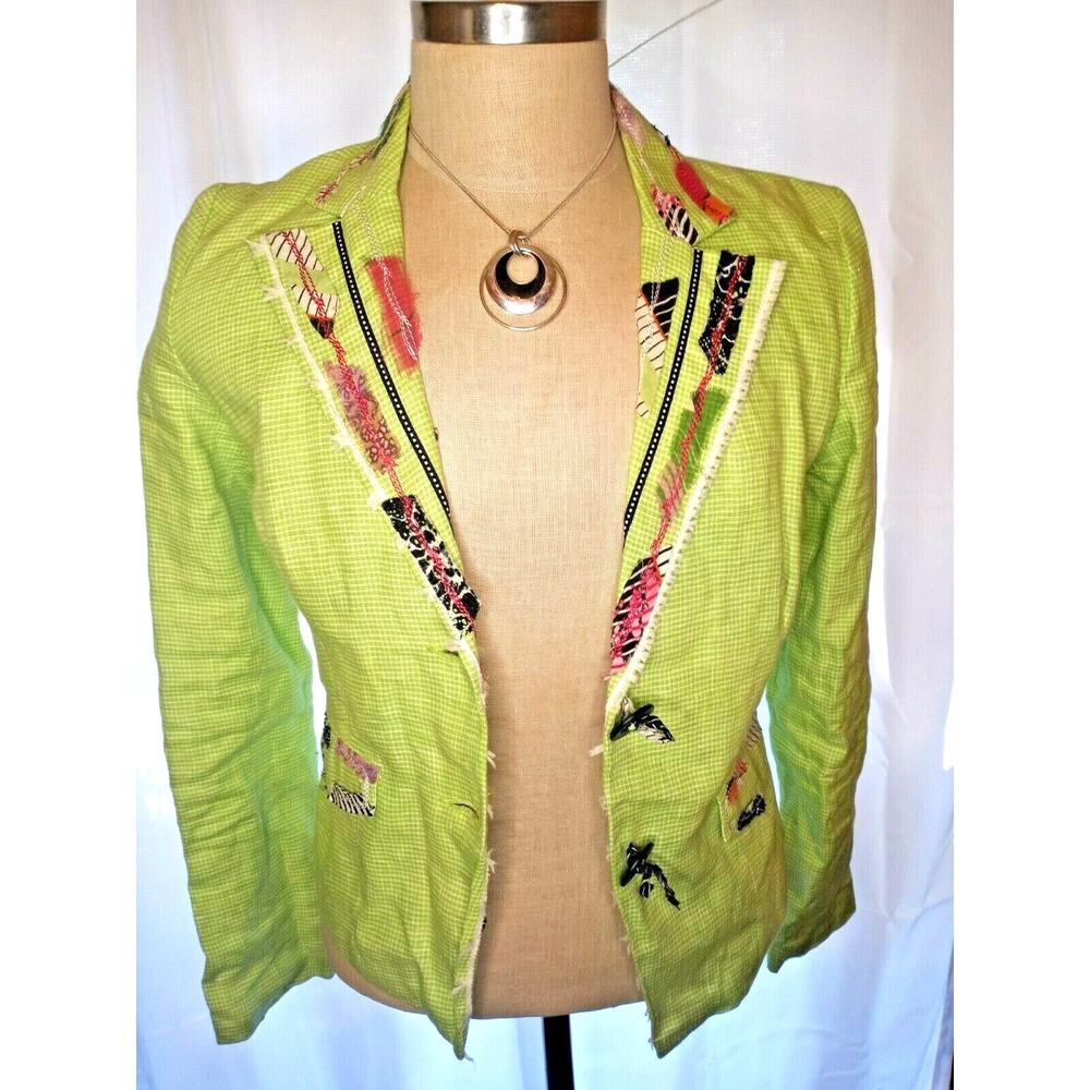 Canvasbacks -Sz S 100% Linen Green Geometric Art Patchwork Blazer Jacket